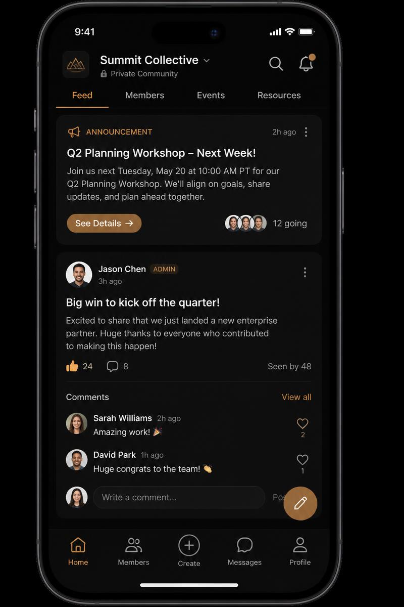 Mobile app showing a community feed with announcements and member posts